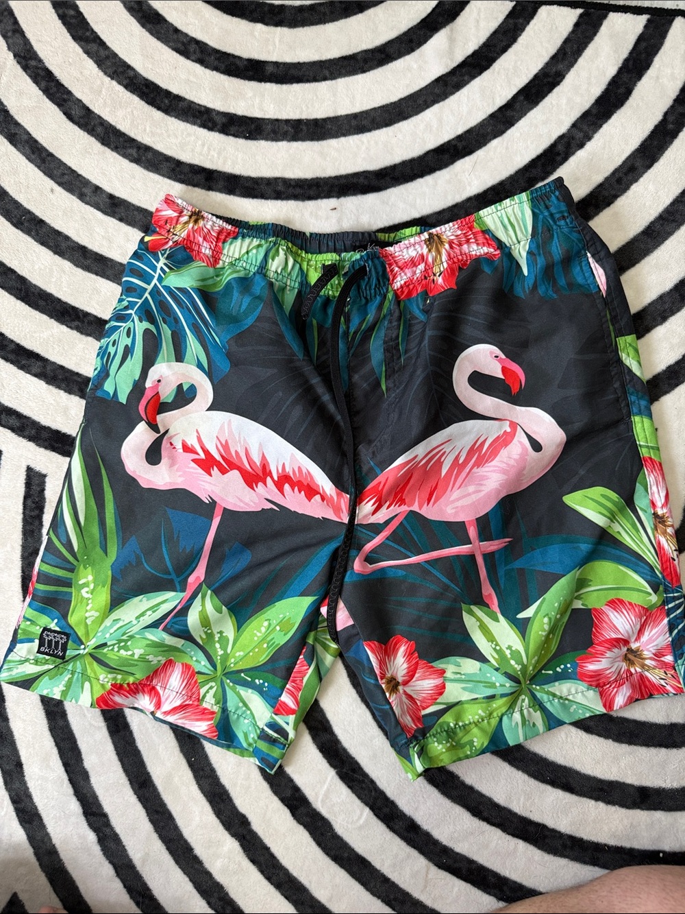 Brooklyn Cloth Black Swim Trunks with Pink Flamingo & Tropical Print